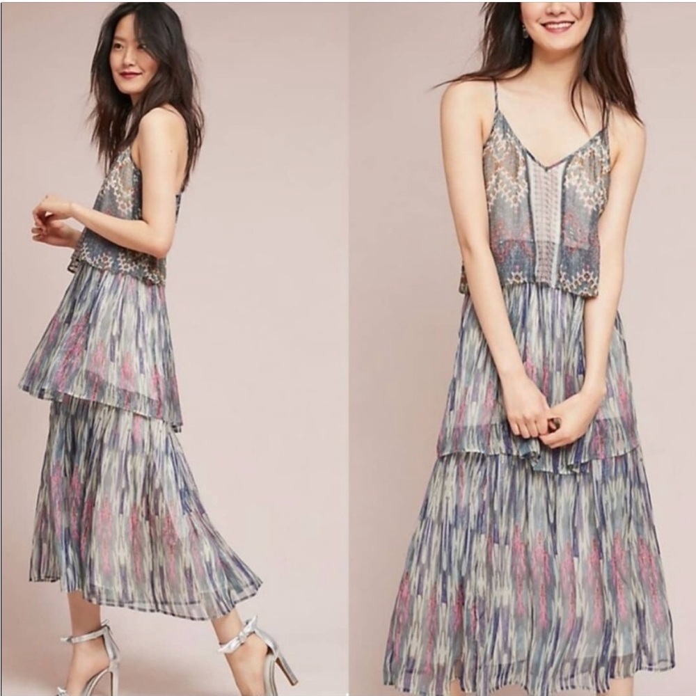 Anthropologie ruffled boho maxi dress - Size: 8 - Gray, silver, purple & pink 💕